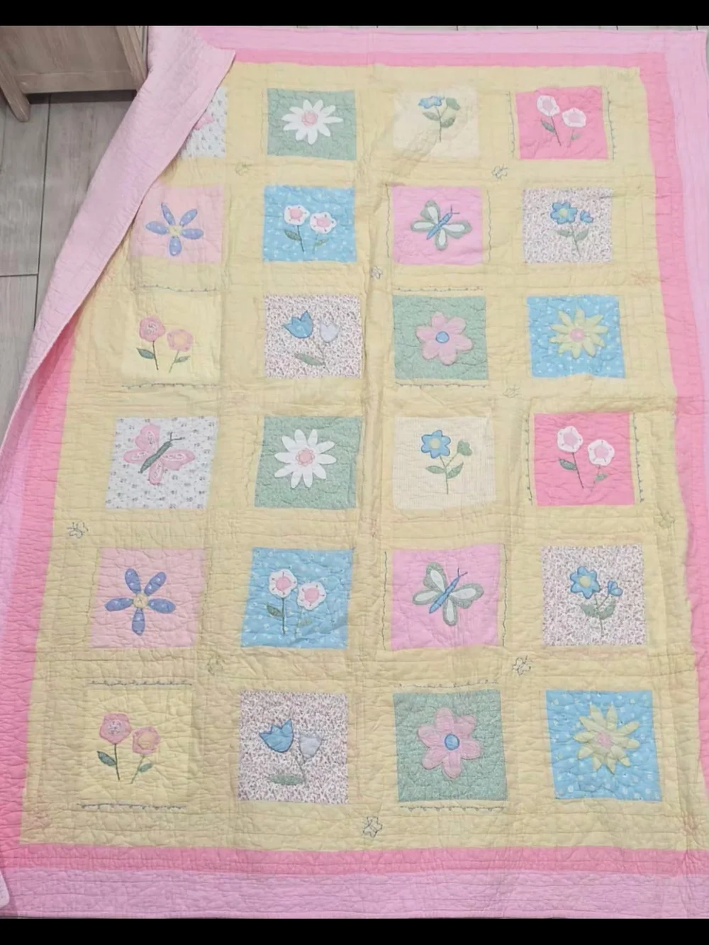 Pastel Floral Patchwork Baby Quilt - Pink, Yellow, Blue